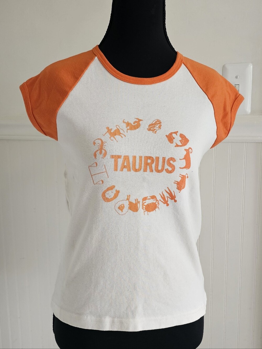 Taurus Graphic Raglan Tee - White & Orange - Glitter - Slim Fit XL